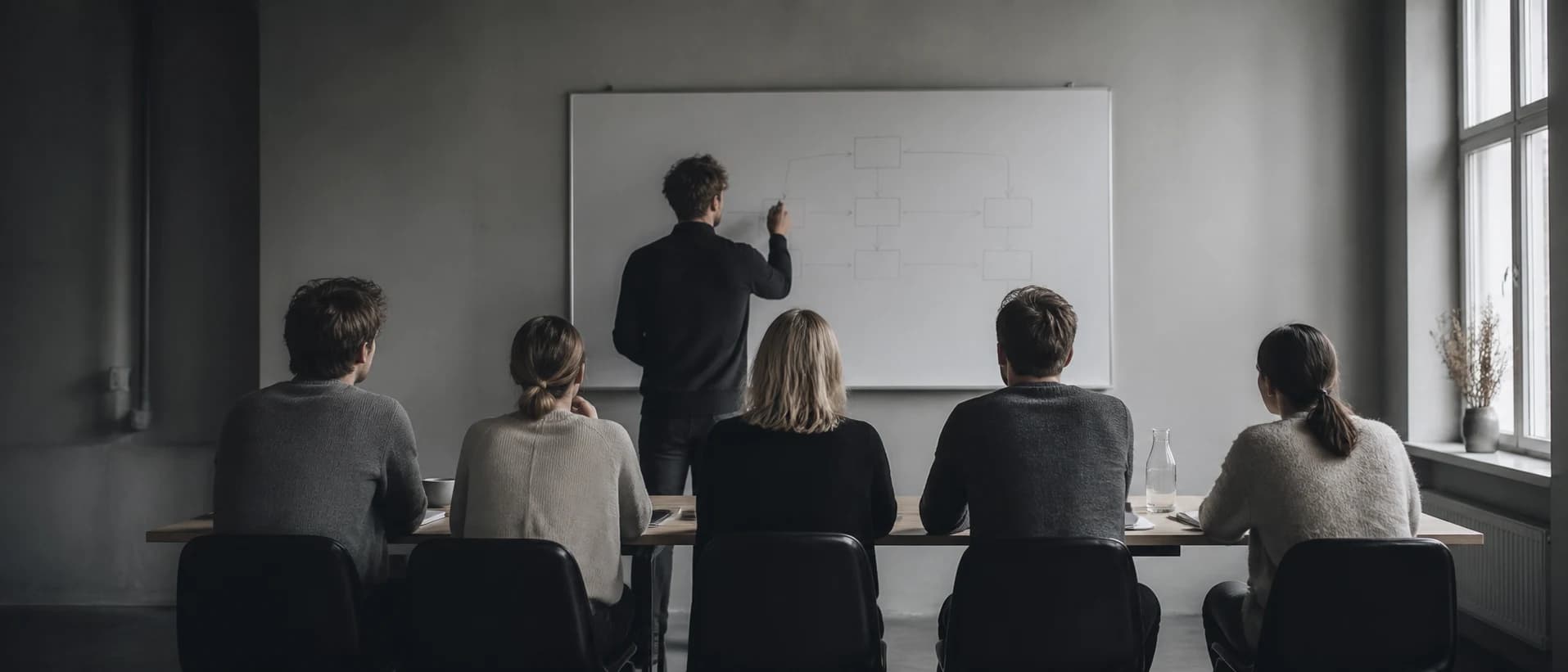 En liten grupp kollegor vid en whiteboard, sedda bakifrån.